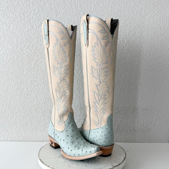 Lane SANDAGA Knee High Womens Cowboy Boots Blue Ostrich Western Tall Size 7.5 - Picture 14 of 14